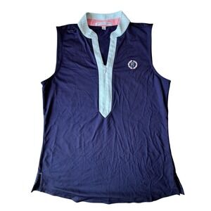 Fairway & Greene Womens Navy Sleeveless Golf Polo Oak Hill‎ CC Seersucker Small